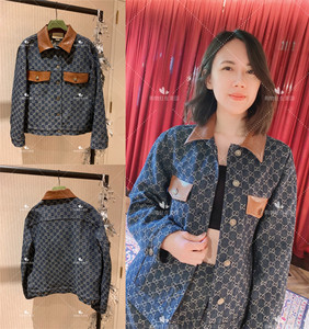 gucci古驰21冬季新款购物狂拼皮休闲gg牛仔单宁夹克女外套671776