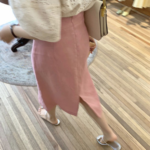 法式棉麻粉色半身裙女夏季小个子高腰中长款显瘦包臀裙开叉一步裙