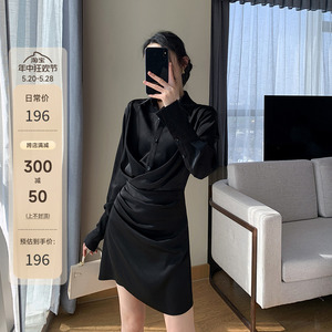 果哥家 黑色连衣裙2024年春装新款收腰显瘦气质女神范通勤衬衫裙