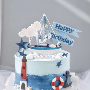 网红帆船蛋糕摆件地中海船一帆风顺蛋糕装饰摆件海洋系列插卡插牌