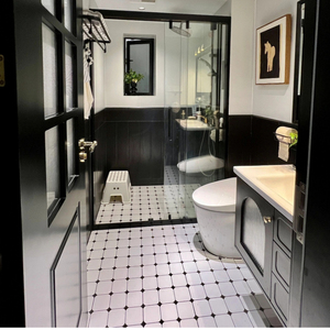 白马 法式复古风卫生间浴室瓷砖 黑色木纹砖微水泥奶白墙砖地砖