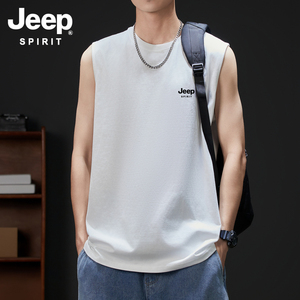 jeep吉普夏季纯棉无袖t恤男士重磅美式复古网红半练跑步背心潮牌