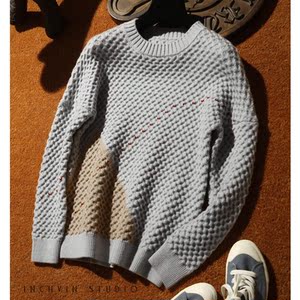 2020冬季 重工手工撞色 中厚安卡拉粗针羊毛针织男款毛衣