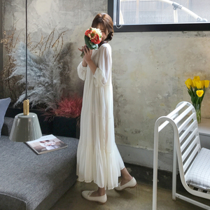 法式超仙森系白色仙女裙雪纺长袖连衣裙女2020年秋装新款气质长裙