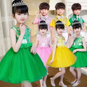 我们是祖国的花朵儿童演出服六一幼儿园舞蹈服蓬蓬纱裙绿色合唱服