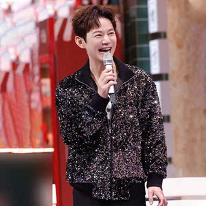 你好星期6何炅同款黑色外套秋季新款重工亮片潮流男装私人定制