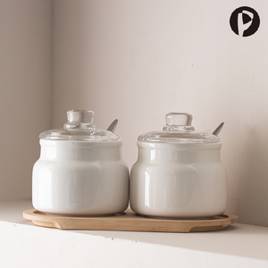 PHIPHY简约陶瓷调料盒创意厨房调味瓶盐罐糖罐竹托底家用收纳组合