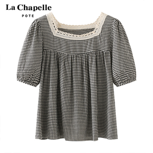 拉夏贝尔pote夏季薄款纯棉短袖衬衫女2022新款宽松格子上衣娃娃衫