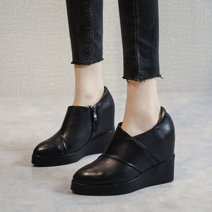 坡跟单鞋女真皮2021新款高跟秋季小皮鞋深口小个子内增高女鞋10cm