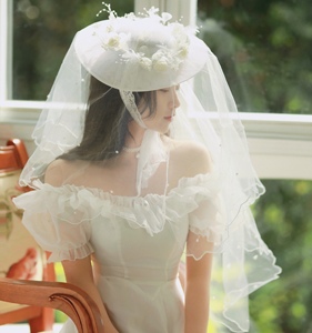 林梦 白色花环蕾丝系带帽 复古新娘古董婚纱帽 百搭欧式头纱帽