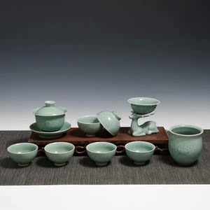 龙泉万家新款青瓷复古天青朱砂胎牡丹茶具哥窑精品礼品陶瓷茶具