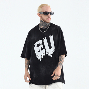 美式复古t恤eu溶解爱心陈冠希水洗做旧扎染宽松短袖男潮牌潮流ins