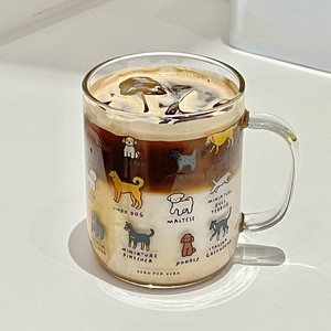 韩国创意插画可爱萌宠小狗玻璃杯咖啡杯牛奶杯卡通好看的喝水杯
