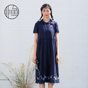 000人付款淘宝非鱼女装 夏天裙子新款底摆绣花单排扣