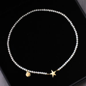 日本T家同款 活泼星星爱心 硬金拉丝工艺淡水珍珠925纯银串珠项链