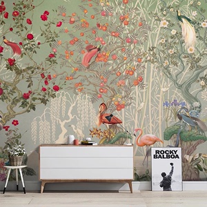 美式手绘复古鹈鹕花鸟壁纸油画客厅壁画无缝墙布电视无缝背景墙布