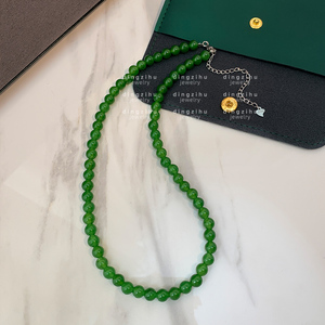 4mm天然绿色玉髓项链女轻奢小众新中式复古串珠纯银颈链2024新款