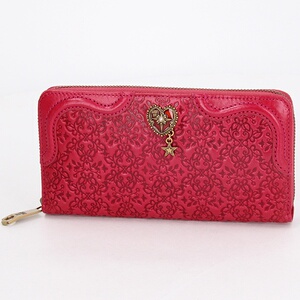 日本annasui安娜苏 复古压花牛皮玫瑰蝴蝶扣多卡位拉链长款钱包
