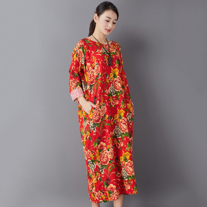 复古文艺棉布纯棉宽松大码东北大花布长袖连衣裙