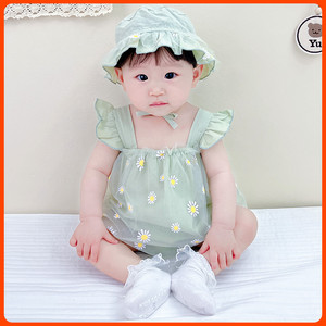 韩国婴儿连体哈衣夏季雏菊绿女宝宝满月百天公主包屁裙无袖吊带裙
