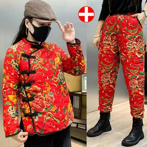 东北大花小花袄棉衣棉裤两件套装加绒加厚拜年聚会结婚演出村姑服