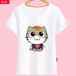 女生猫咪图案超人印花短袖可爱萌t恤 简单粉色体恤半袖t桖t血短袖