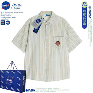 NASA日系街头条纹短袖衬衫女夏季美式复古设计感小众衬衣半袖上衣