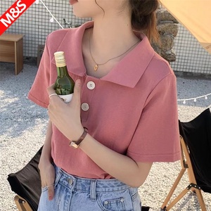 粉色polo衫短袖T恤女夏设计感小众韩版复古衬衫百搭翻领针织上衣