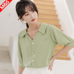绿色雪纺衬衫女小个子夏季正肩v领气质通勤职业法式短袖衬衣上衣