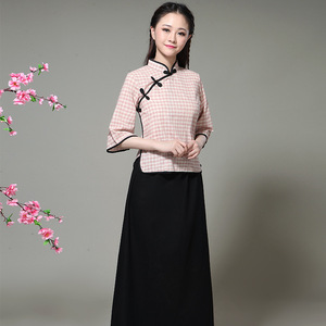 复古演出二三四十年代民国学生装毕业中山装长裙旗袍棉麻格子古筝