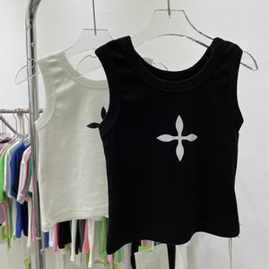 女童洋气纯棉克罗心十字架背心夏季中大儿童百搭短款修身打底上衣