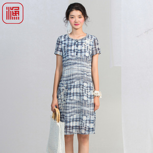 渔牌女装2020夏季新款绣花桑蚕丝长裙淑女气质真丝休闲印花连衣裙