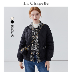 拉夏贝尔/La Chapelle黑色显瘦圆领毛边菱格双口袋短款棉服外套女