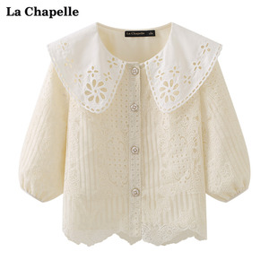 拉夏贝尔/La Chapelle荷叶领镂空蕾丝珍珠扣衬衫女设计感别致上衣
