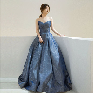 出租蓝色抹胸星空晚礼服裙2019新款高贵宴会生日聚会主持人礼服女