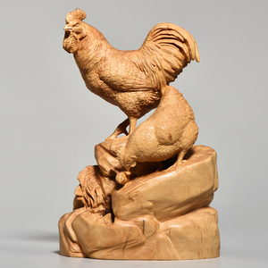 黄杨实木雕刻鸡摆件木头根雕生肖鸡全家福大吉大利家居客厅装饰品