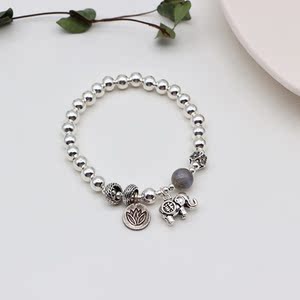 瑞象通财手链天然灰月光石吉祥小象莲花牌匾s925纯银女款复古泰银