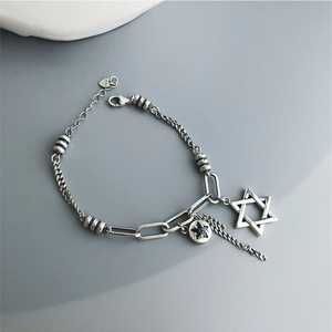 六芒盾通庆手链ins冷淡风复古六芒星925通体纯银做旧日韩泰银简约