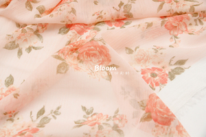 垂感半透明 复古珊瑚粉+橘粉玫瑰印花雪纺布料 衬衫汉服纱裙面料