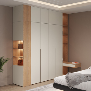 简约现代卧室实木衣柜带床头柜一体侘寂风梳妆台转角衣帽间大柜子