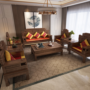 新中式实木沙发老榆木花梨整装仿古红木家具明清古典客厅沙发组合