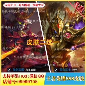 王者送荣耀永久皮肤宫本武藏鬼剑武藏典韦黄金武士苹果微信qq赠送