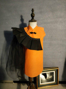 尹设计 儿童改良旗袍款式环保服中国风舞台走秀表演手工服装亲子