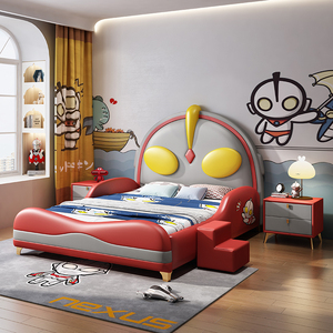 儿童床男孩单人床卡通奥特曼床实木小床带护栏儿童房家具组合套装