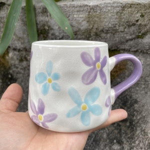 【纯手工手绘】紫色花朵陶瓷大肚杯外贸尾货微瑕马克杯早餐茶杯子
