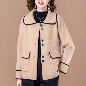 中年妈妈秋冬装毛衣外套女短款宽松洋气高档毛呢双面羊绒针织开衫