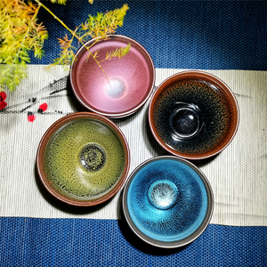 建阳建窑建盏复古风纯手工盏黄绿鹧鸪蓝麒麟彩金盏滴盏主人杯套装