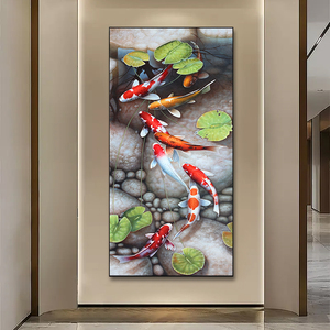 新中式九鱼图手绘入户玄关油画美式走廊过道竖幅招财欧式装饰挂画