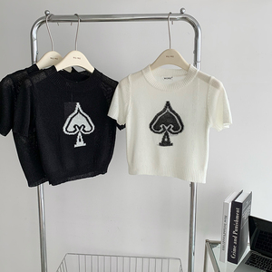 刺绣黑桃a辣妹穿搭针织衫女夏季设计感小众高腰修身薄款短袖上衣