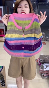 彩虹拼色条纹冰麻针织短袖T恤开衫女2023夏装新款洋气减龄上衣潮